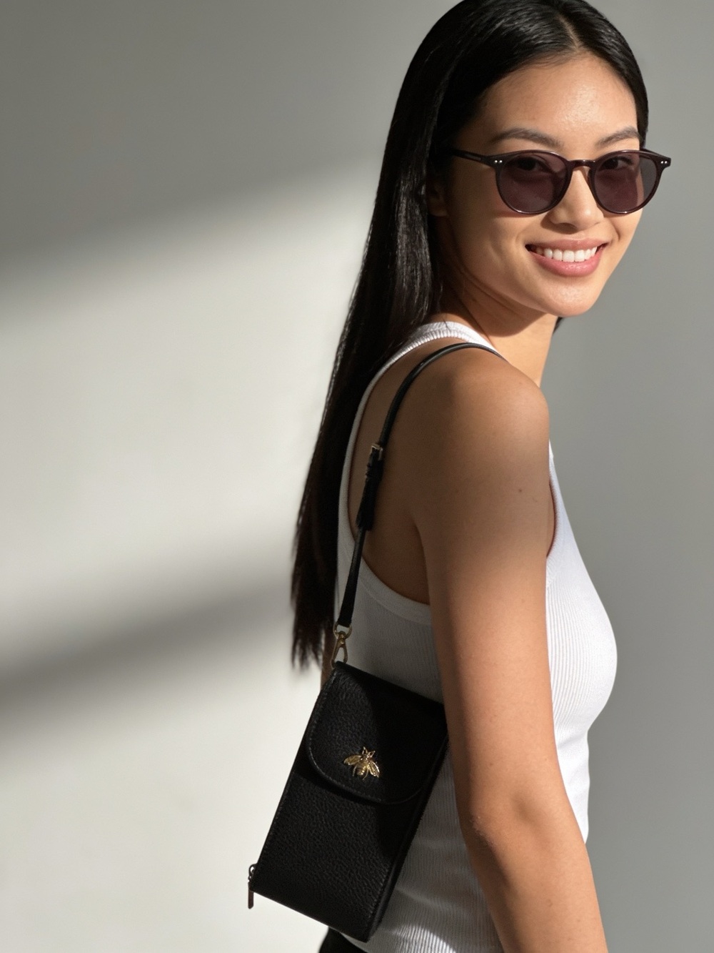 Black Leather Crossbody mobile phone, passport wallet/ Bag with Gold Bee Accent